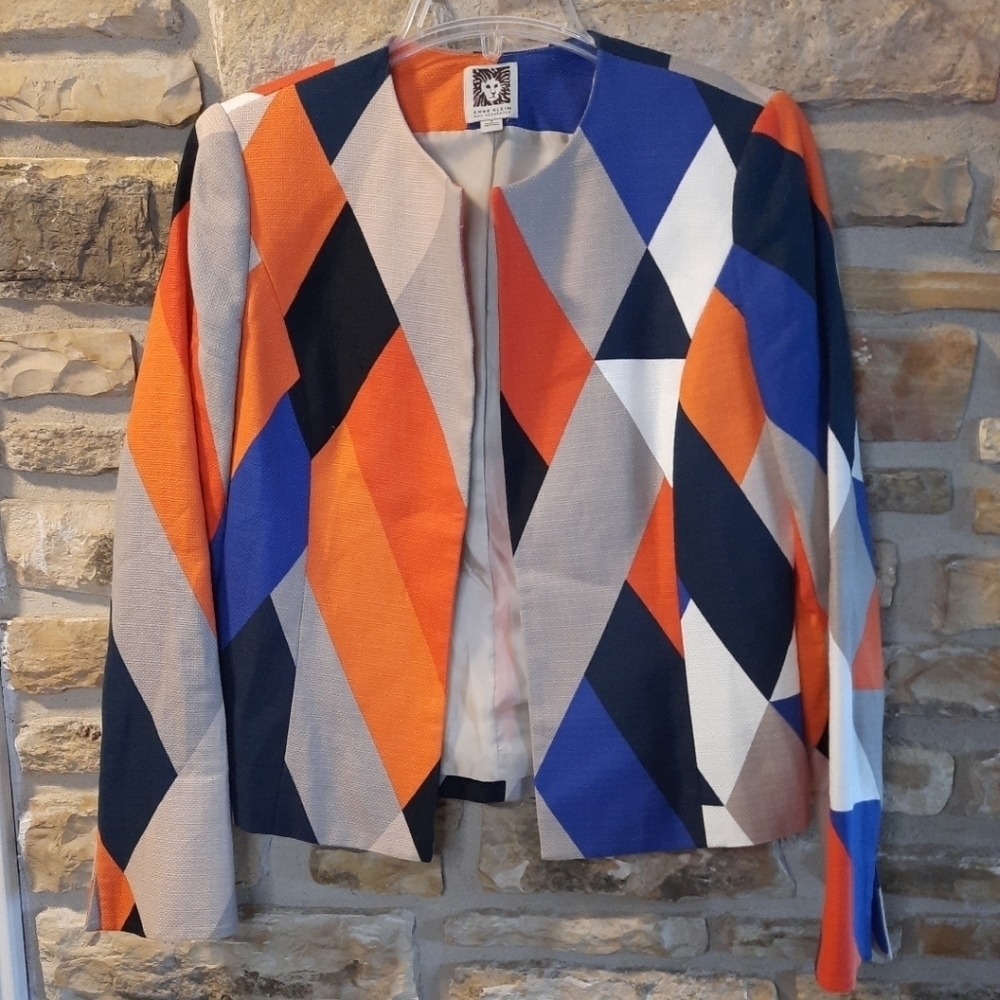 Anne Klein Blazer Open Front Geometric Blue Orange 100% Cotton Size 4 - Picture 2 of 12
